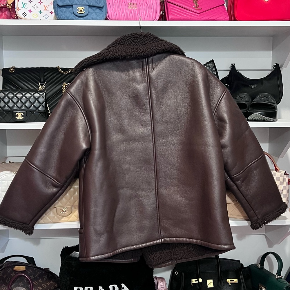 Boohoo Dark Brown Faux Leather Shearling-Trim Jacket - Picture 11 of 11
